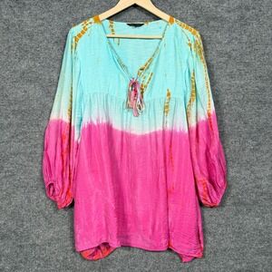 Tie-Dye Pink and Aqua V-Neck Women's Tunic Top